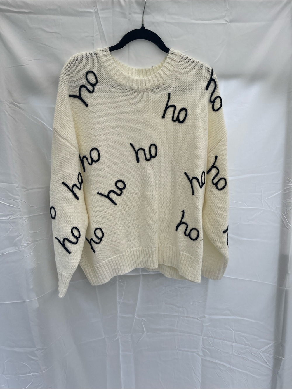 Ivory Crewneck Knit Sweater with Black 'ho' Accent - Women